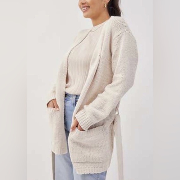 Cozy Oatmeal Beige Knit Tie Waist Cardigan Sweater Cream L/XL Plush Hygge Chic - Picture 3 of 14